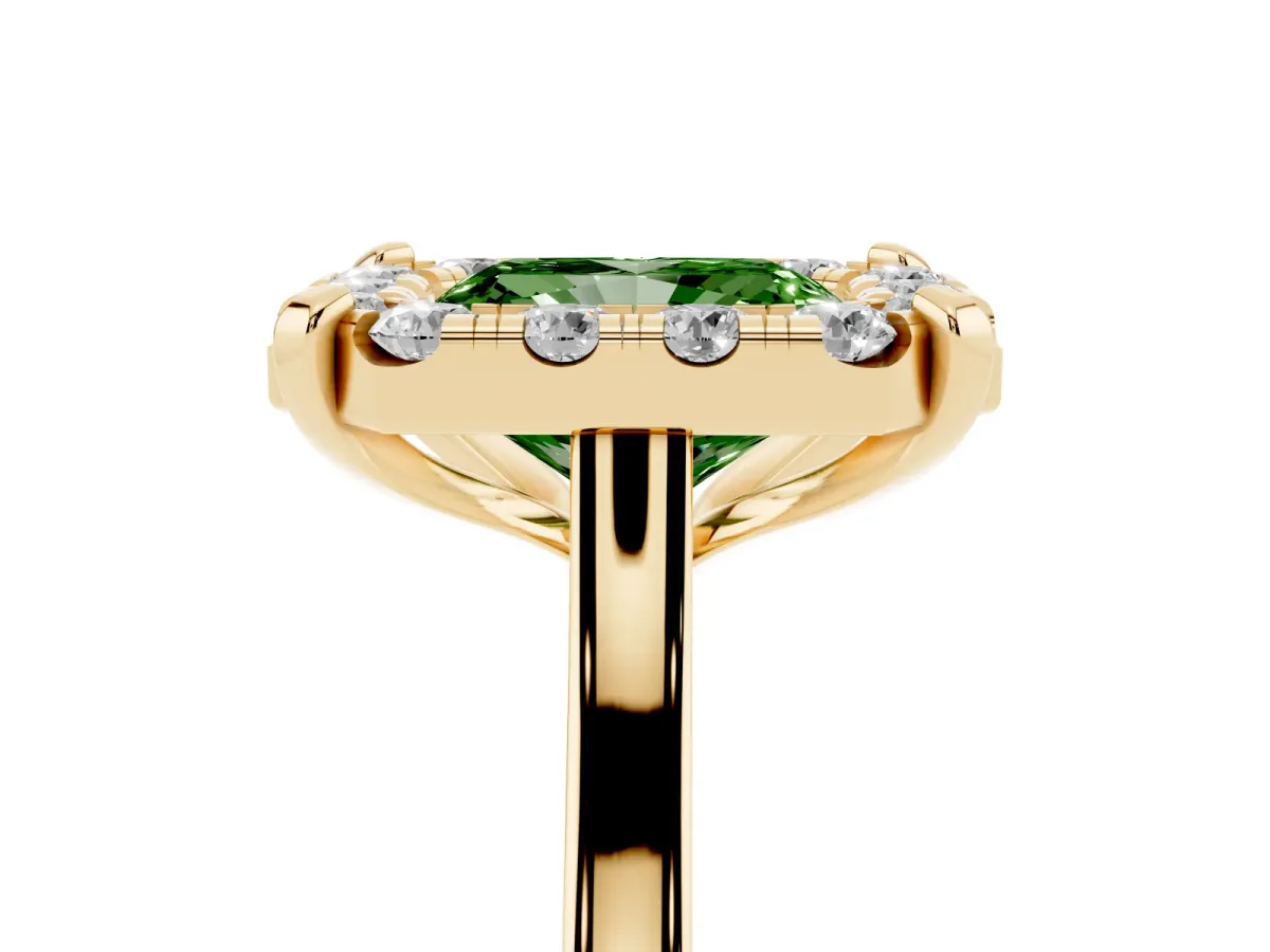 Fancy Green Radiant Cut Diamond Cluster Halo Solitaire with Four-Prong Setting Yellow gold