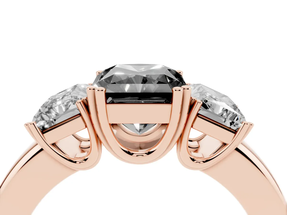 Fancy Black Three-Stone Radiant Cut Cut Diamond Ring with Channel Set Band and Four-Prong Setting Rose gold