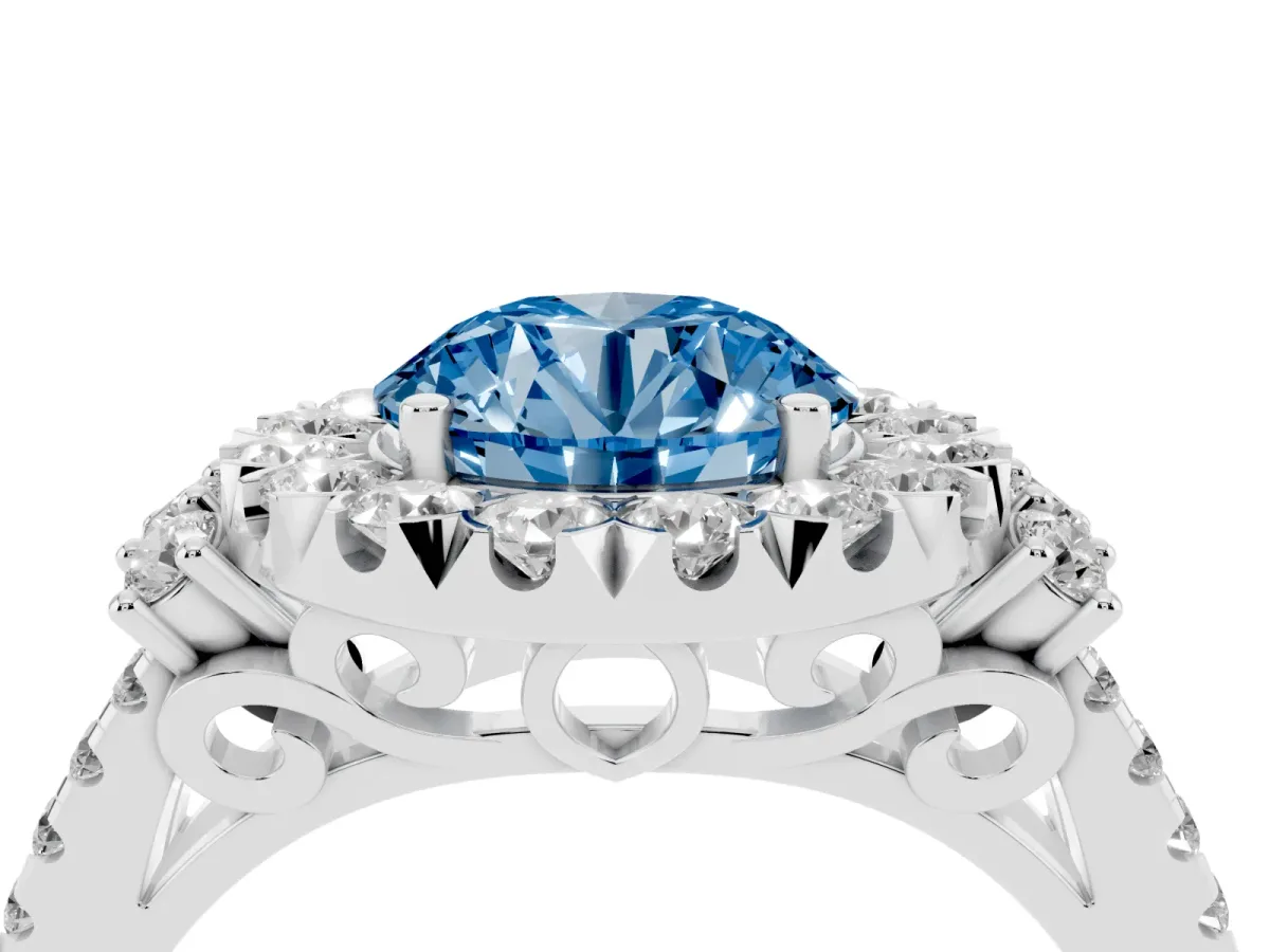Fancy Blue Round Cut Cut Double Halo Diamond Engagement Ring with Pave Band and Four-Prong Setting Silver