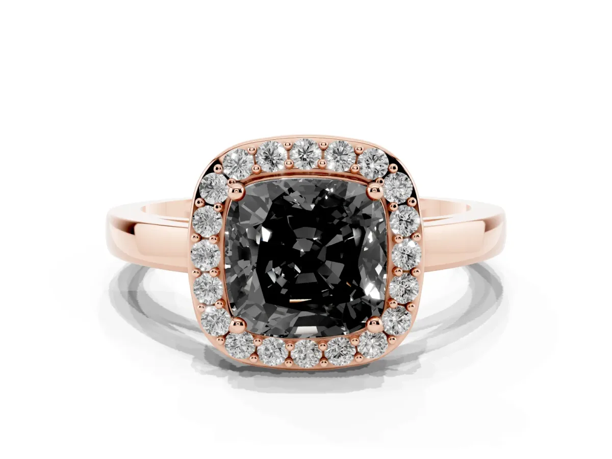Fancy Black Cushion Cut Halo Diamond Ring with Solitaire Band and Prong Setting Rose gold