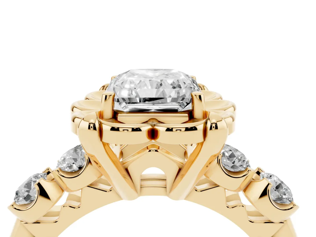 Radiant Cut Cut Diamond Floral Halo Engagement Ring with Shared Prong Setting Yellow gold