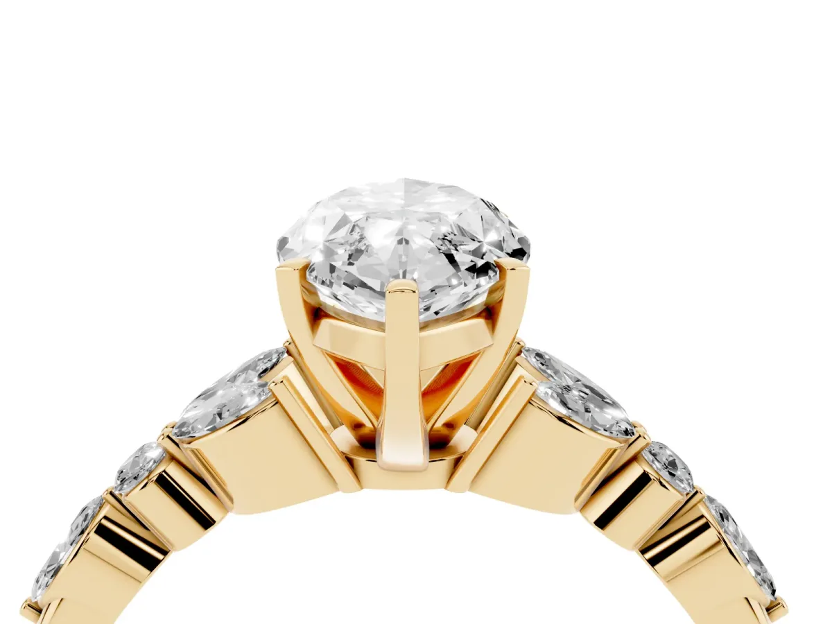 Marquise Cut Diamond Solitaire Ring with Side Stones and Four-Prong Setting Yellow gold