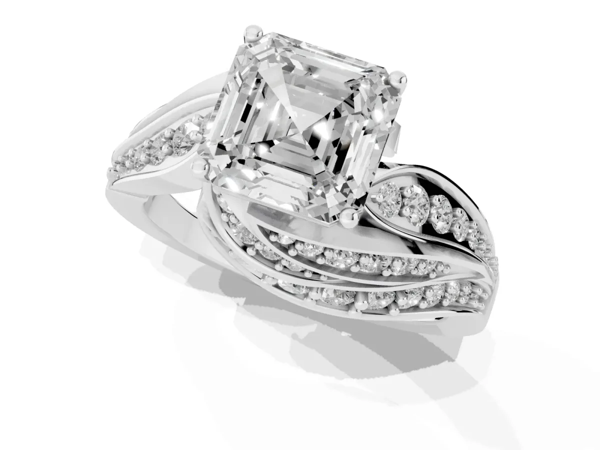 Asscher Cut Diamond Solitaire Ring with Prong Setting and Twisted Pavé Band Silver