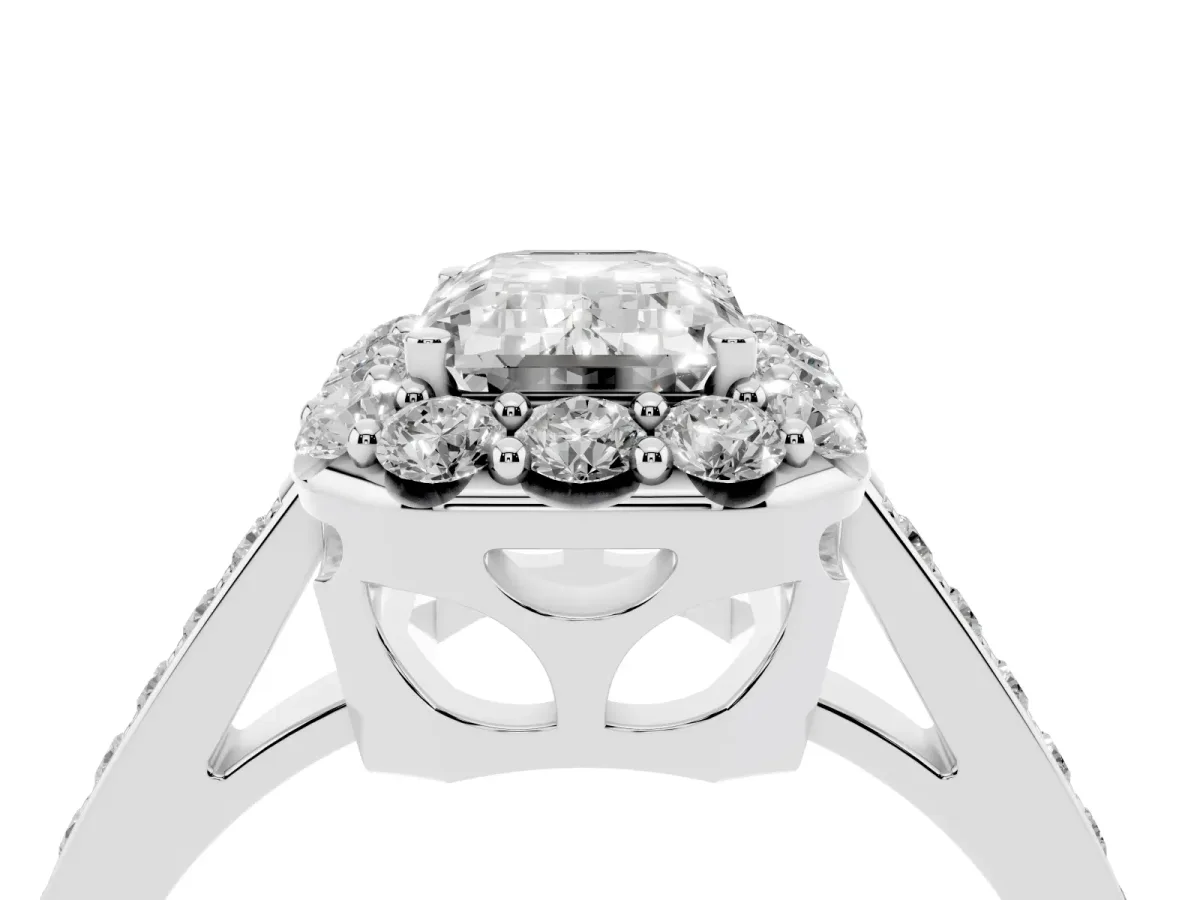 Emerald Cut Diamond Floral Halo Ring with Pavé Band and Prong Setting Platinum