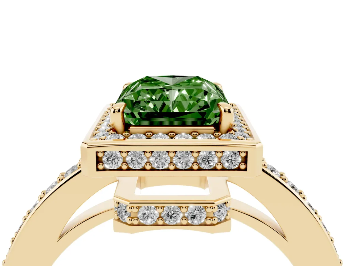 Fancy Green Radiant Cut Halo Pave Band Solitaire Ring with Prong Setting Yellow gold