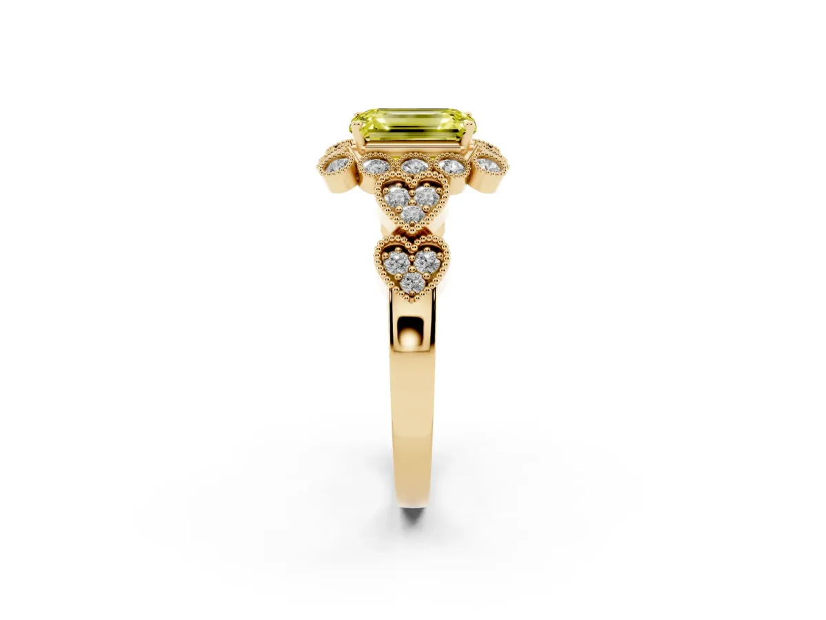Fancy Yellow Emerald Cut Brilliant Milgrain Pave Heart Band Solitaire Ring Yellow gold