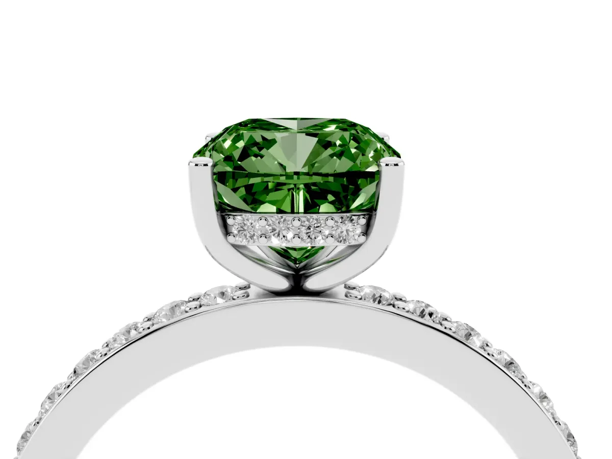 Fancy Green Cushion Cut Cut Diamond Pavé Band Ring with Four-Prong Setting Silver