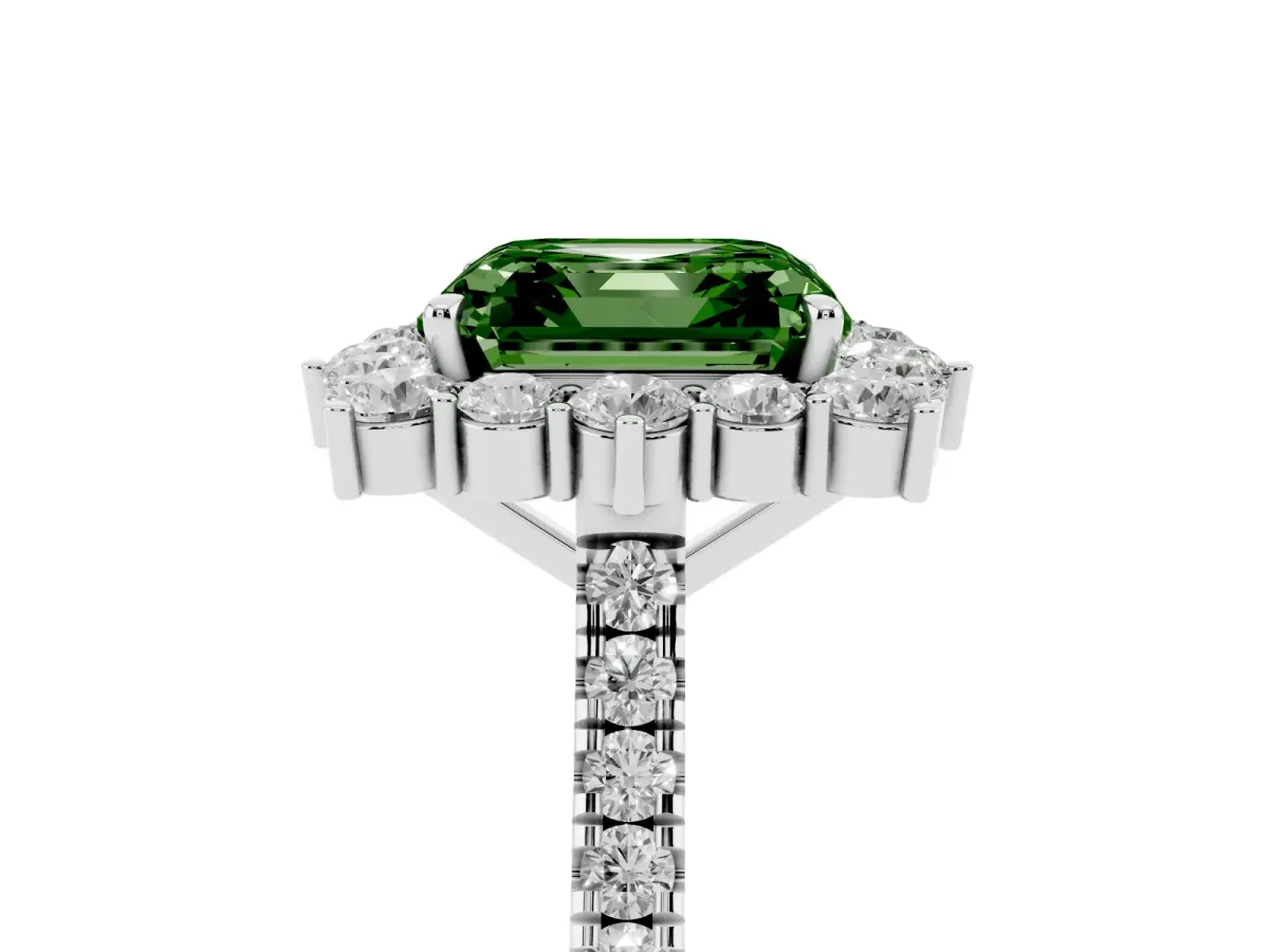 Fancy Green Asscher Cut Halo Diamond Ring with Pavé Band and Prong Setting Silver