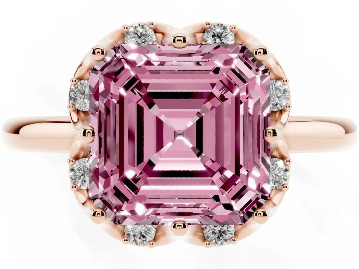 Fancy Pink Asscher Cut Halo Diamond Ring with Round Cluster Setting, Solitaire Band, and Four-Prong Setting Rose gold