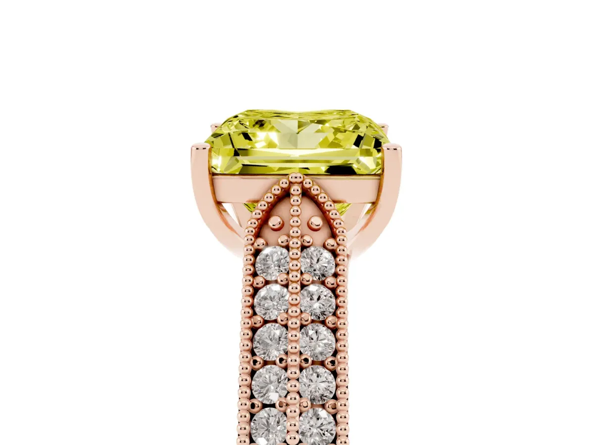 Fancy Yellow Princess Cut Cut Pave Split Shank Engagement Ring with Four-Prong Setting Rose gold