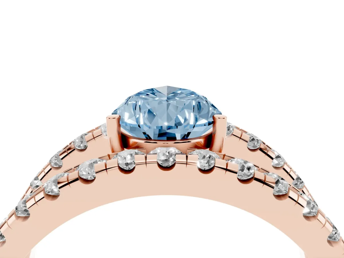 Fancy Blue Pear Cut Solitaire Split Shank Pave Diamond Ring Rose gold
