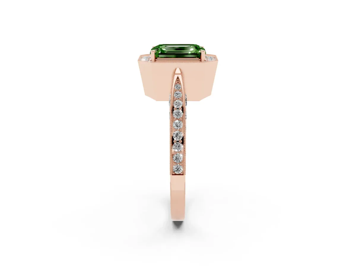 Fancy Green Emerald Cut Halo Diamond Engagement Ring with Split Shank Band and Four-Prong Setting Rose gold