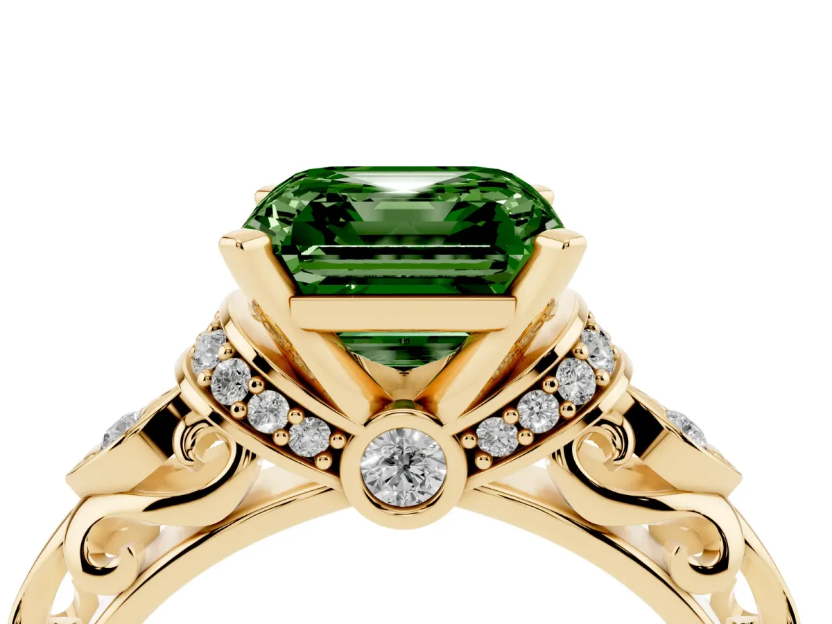 Fancy Green Asscher Cut Diamond Solitaire Ring with Filigree Band and Four-Prong Setting Yellow gold