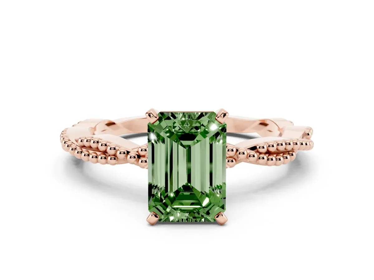 Fancy Green Emerald Cut Solitaire Twisted Band with Bead Prong Setting Rose gold