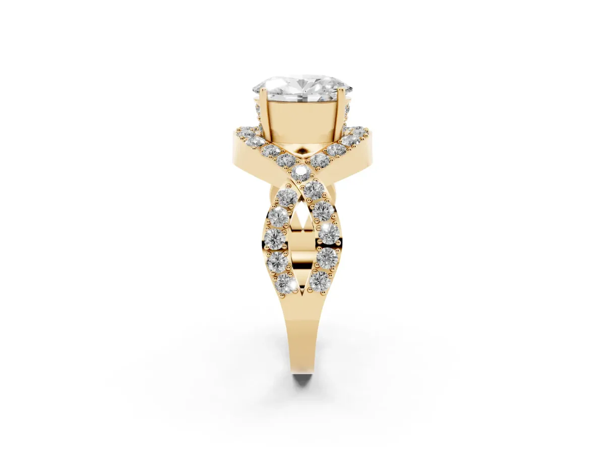 Oval Cut Solitaire Twist Band Pavé Diamond Engagement Ring Yellow gold
