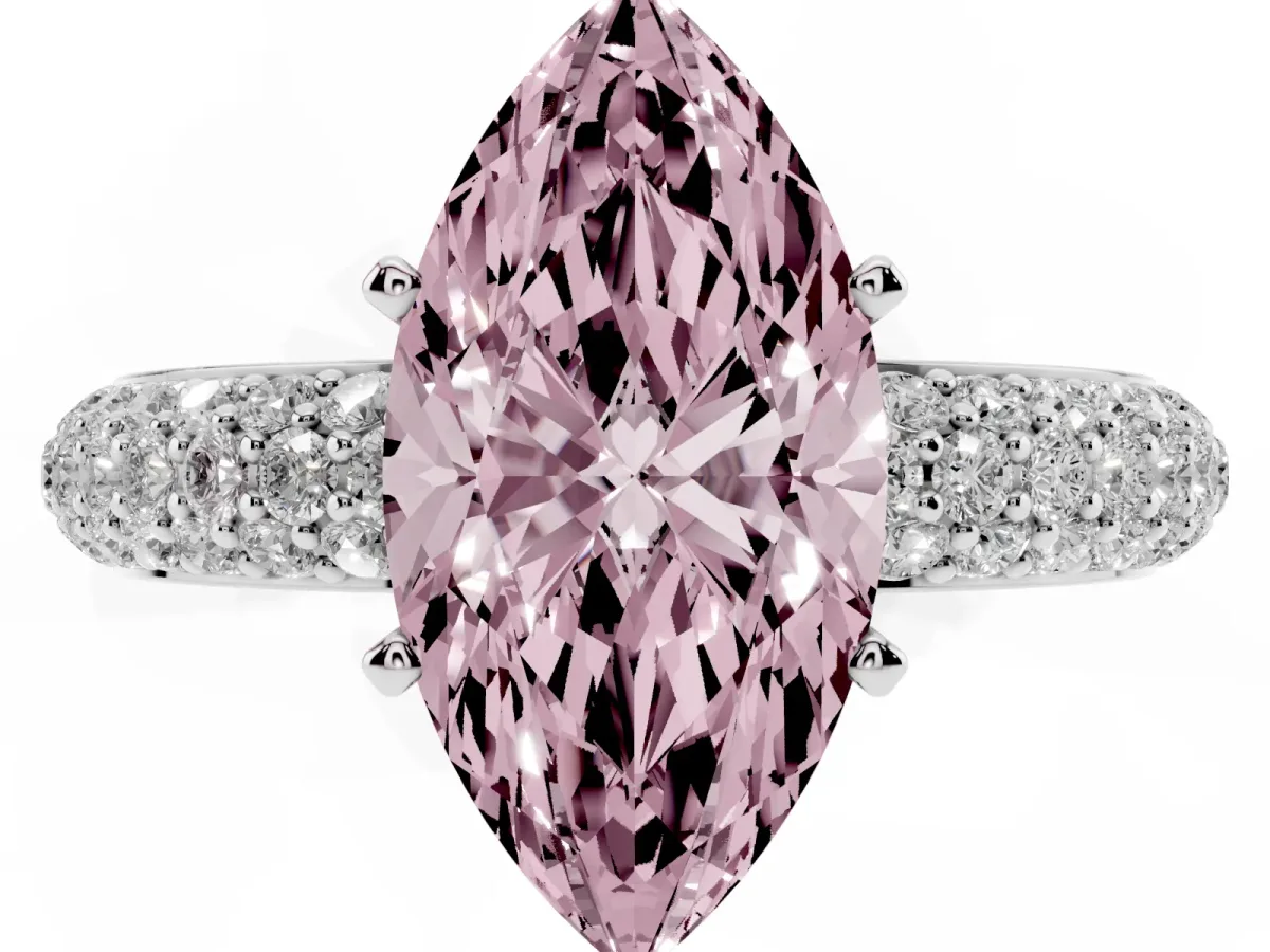 Fancy Pink Marquise Cut Diamond Solitaire Ring with Prong Setting and Pavé Band Silver