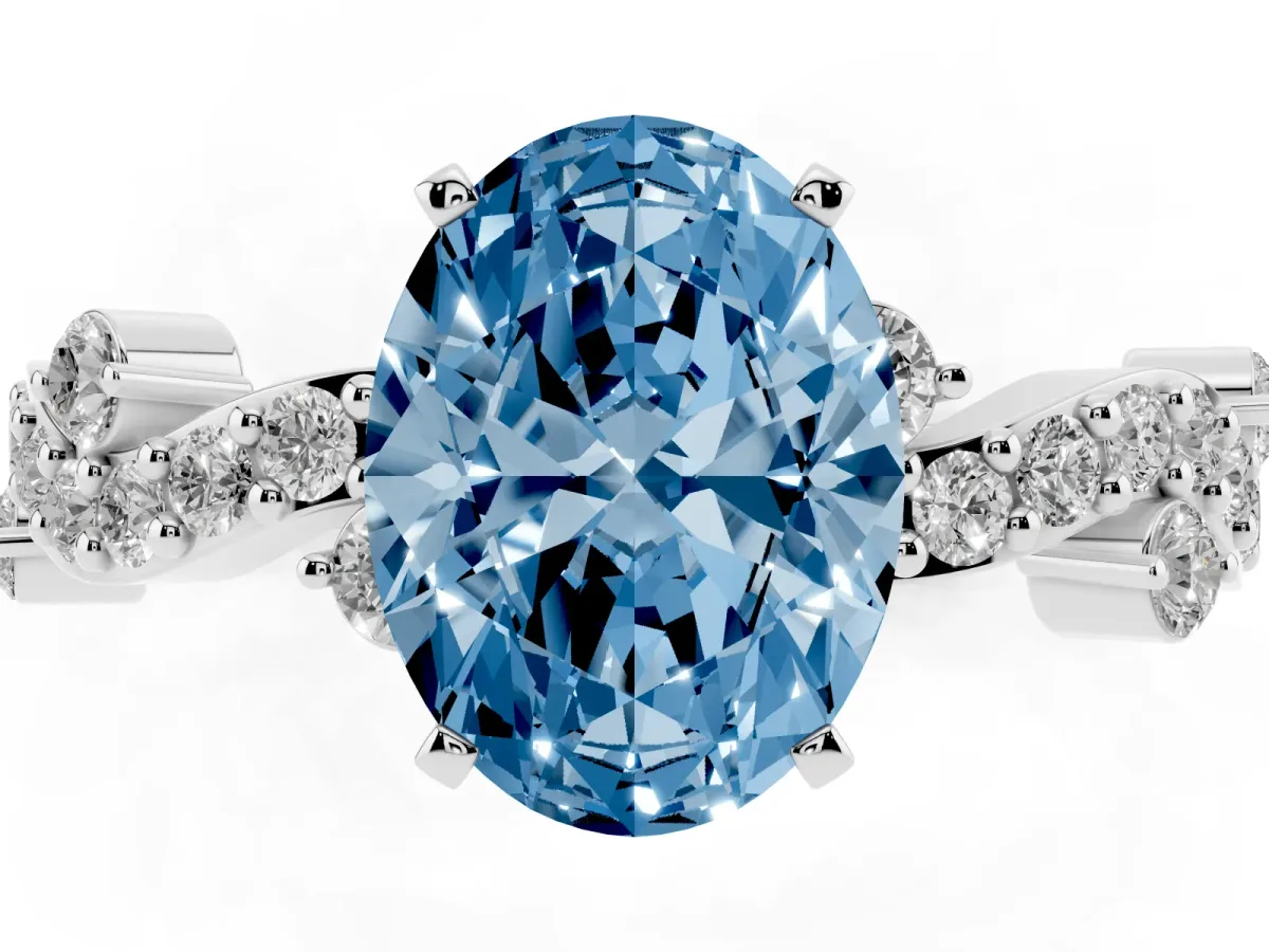 Fancy Blue Oval Cut Cut Solitaire Diamond Twisted Band with Pave Setting Platinum