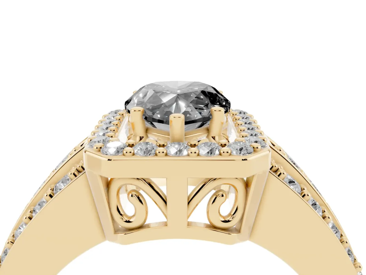 Fancy Black Pear Cut Halo Diamond Ring with Round Split Shank and Prong Setting Yellow gold