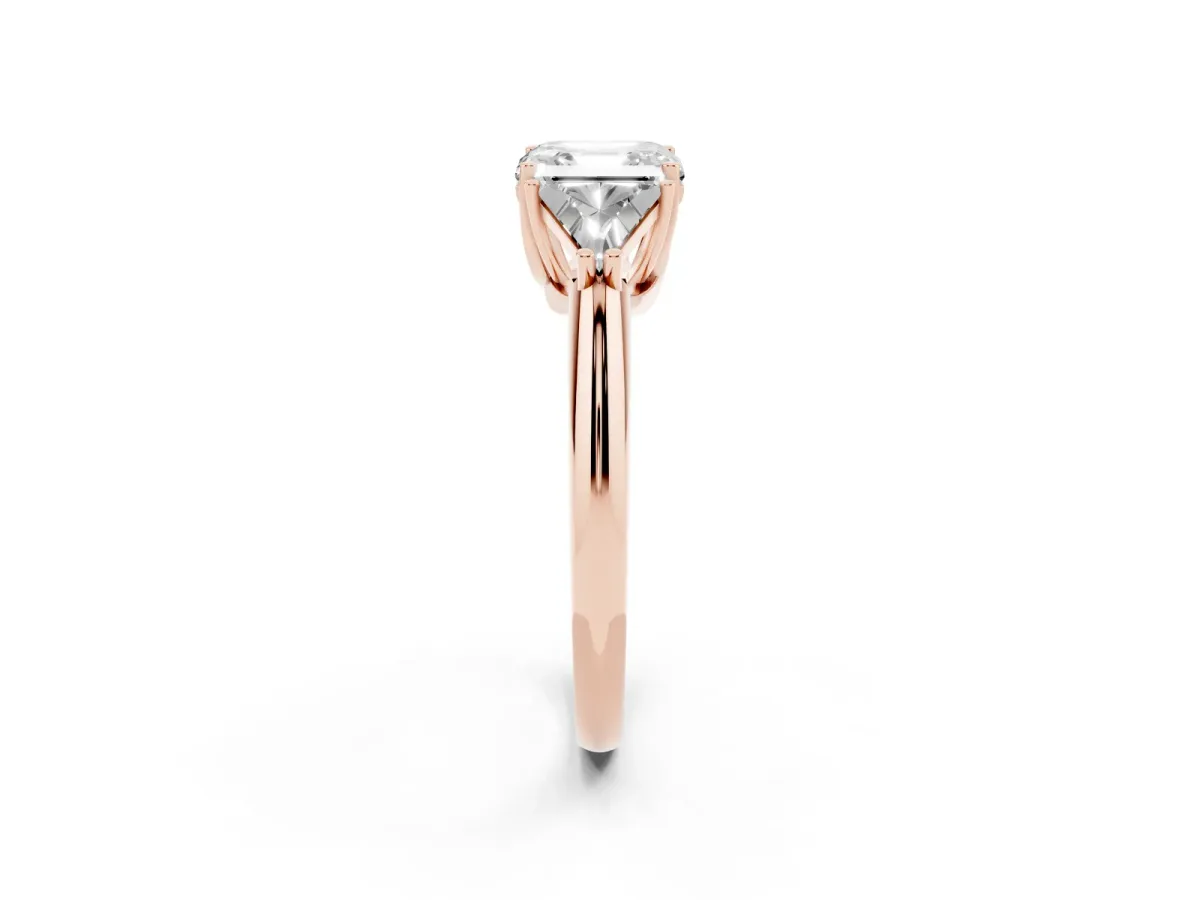 Three-Stone Asscher Cut Diamond Engagement Ring with Trillion Side Stones and Prong Setting Rose gold
