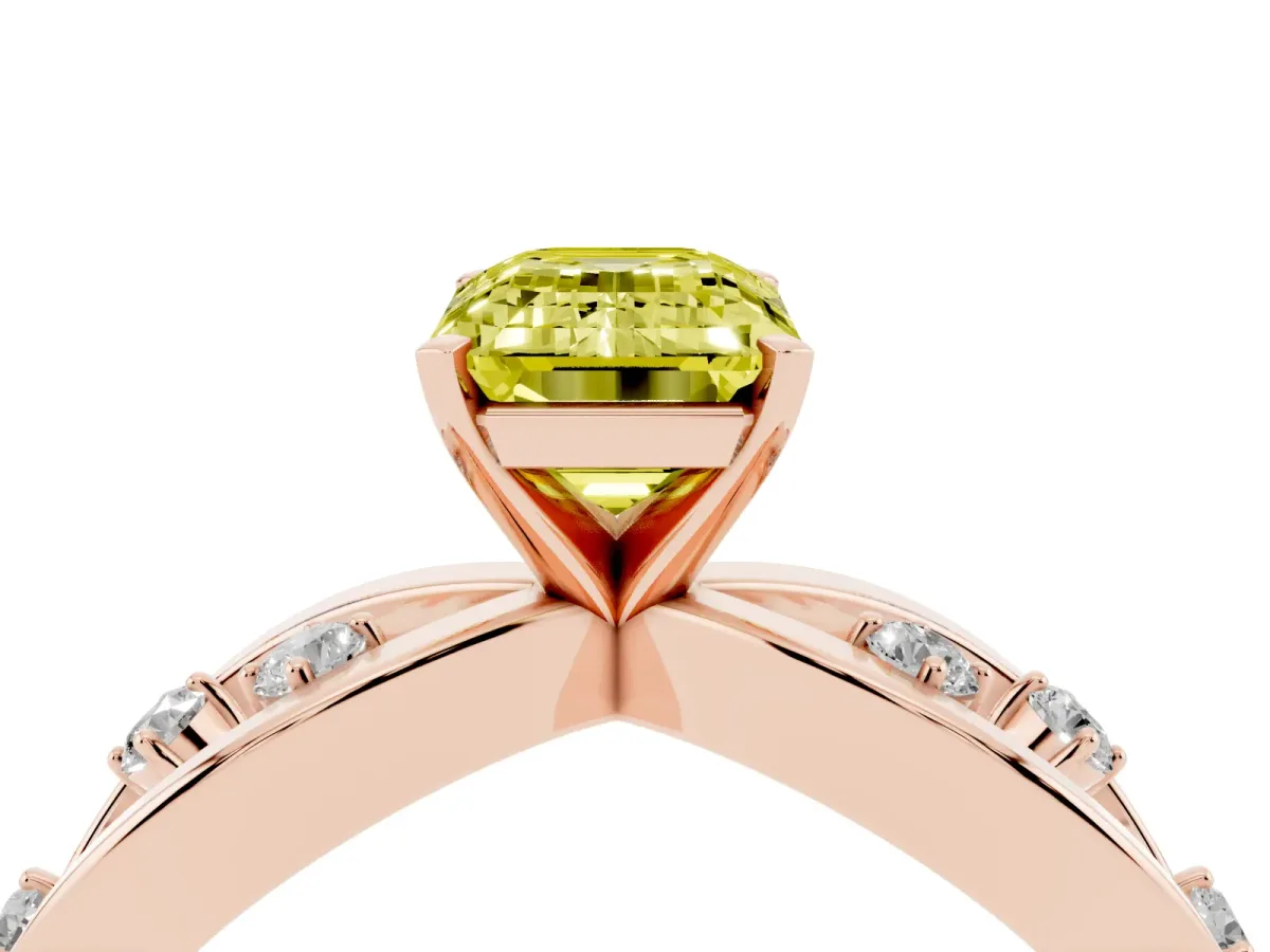 Fancy Yellow Emerald Cut Cut Solitaire Diamond with Side Stones on Criss-Cross Band and Four-Prong Setting Rose gold