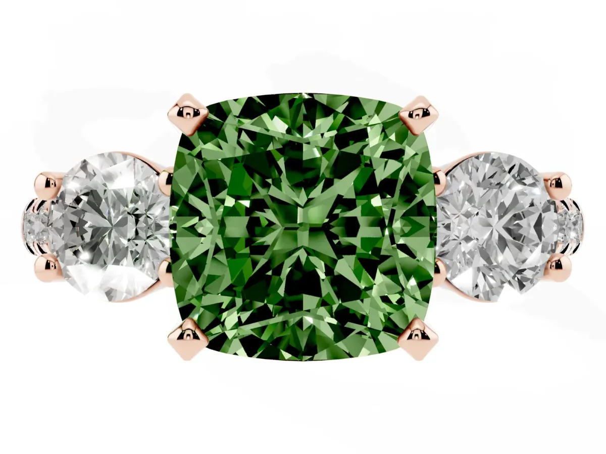 Fancy Green Three-Stone Cushion Cut Diamond Pavé Band with Four-Prong Setting Rose gold
