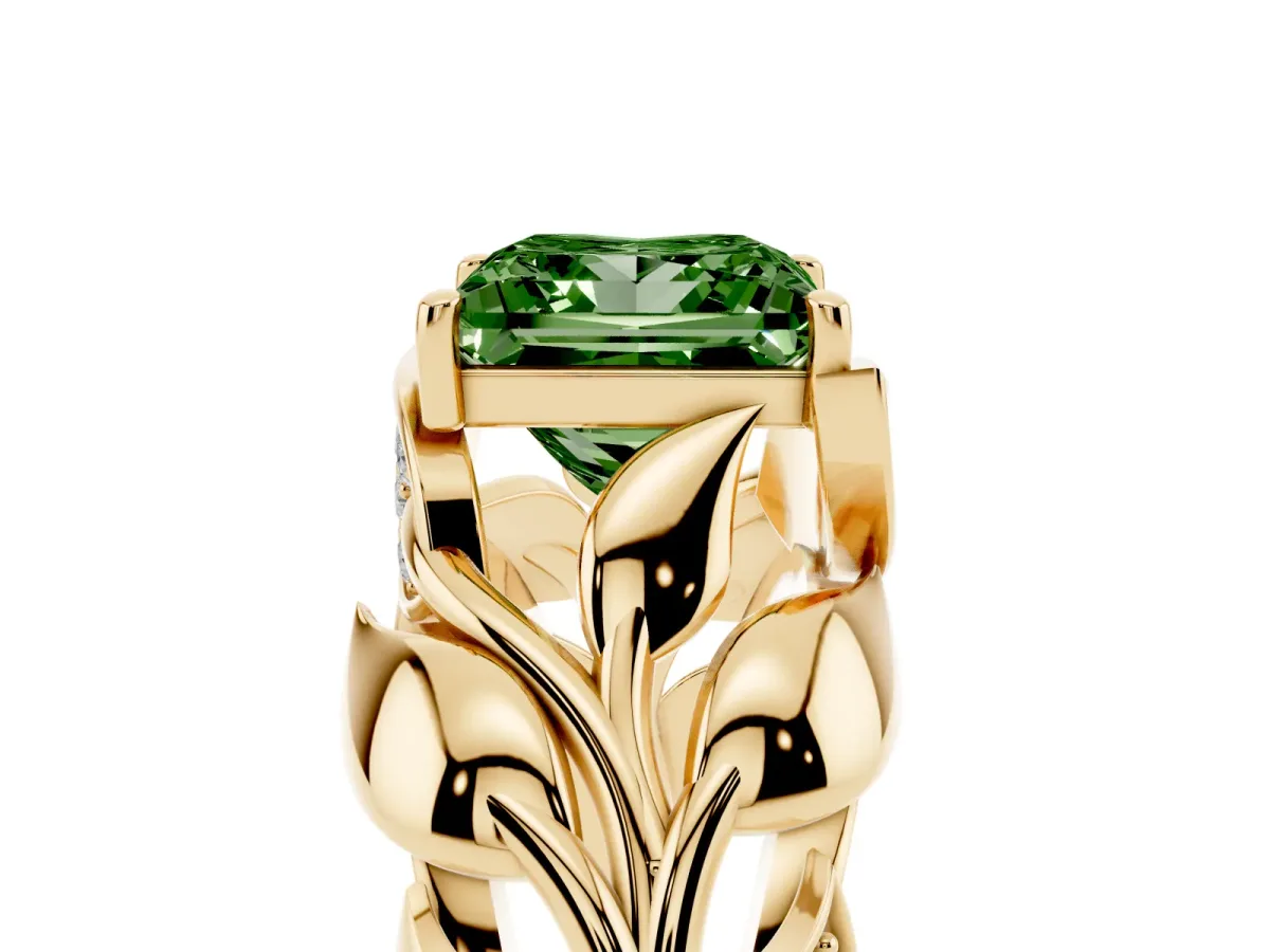 Fancy Green Princess Cut Diamond Leaf-Inspired Engagement Ring with Round Accents and Prong Setting Yellow gold