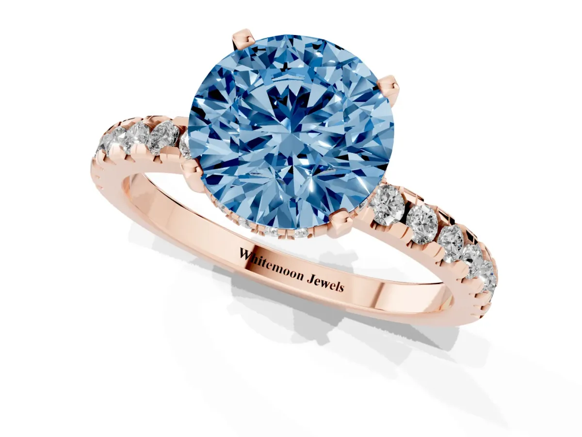 Fancy Blue Round Cut Diamond Solitaire Ring with Round Pavé Band and Four-Prong Setting Rose gold