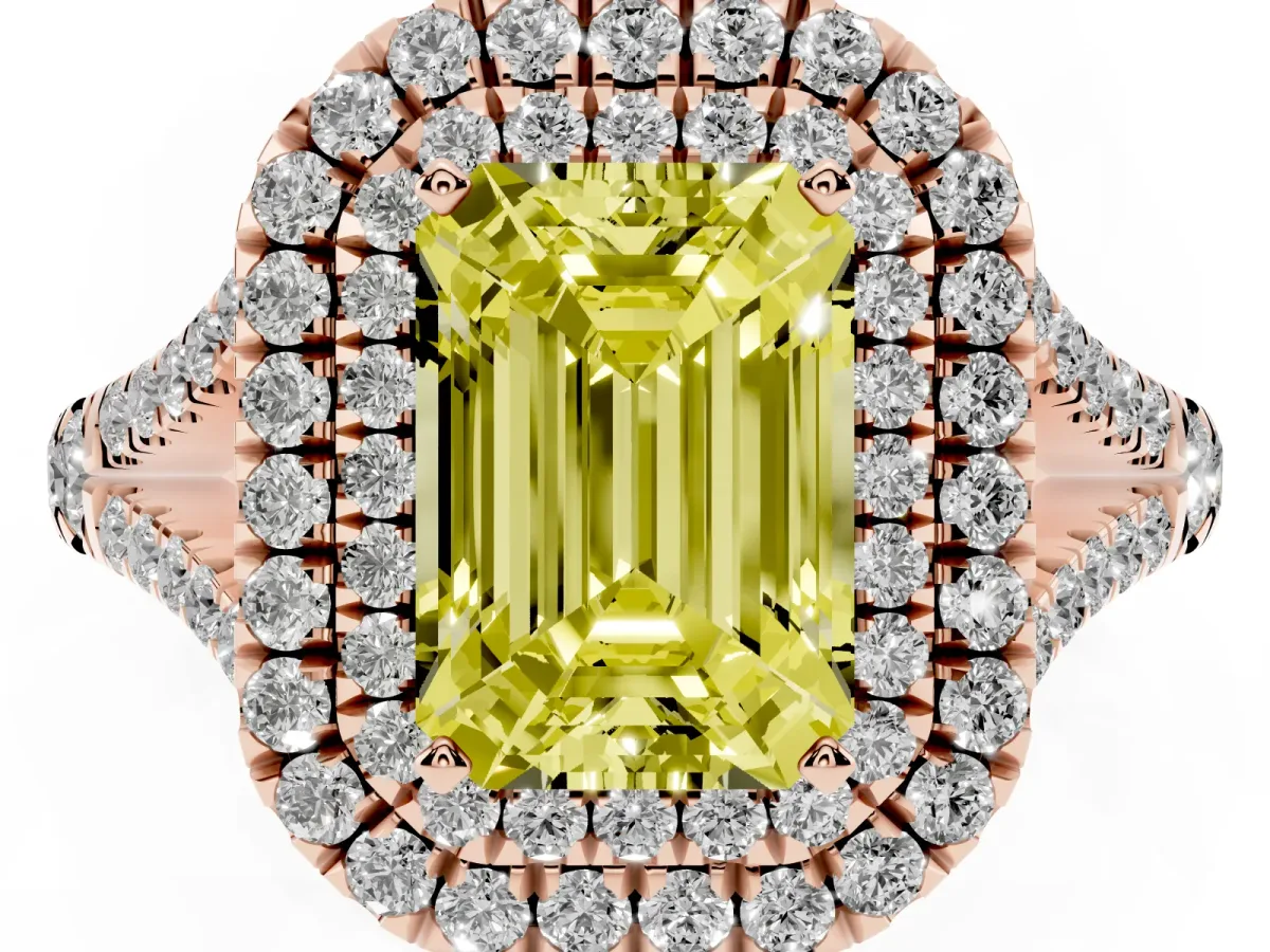 Fancy Yellow Emerald Cut Diamond Pavé Split Shank Double Halo Engagement Ring Rose gold