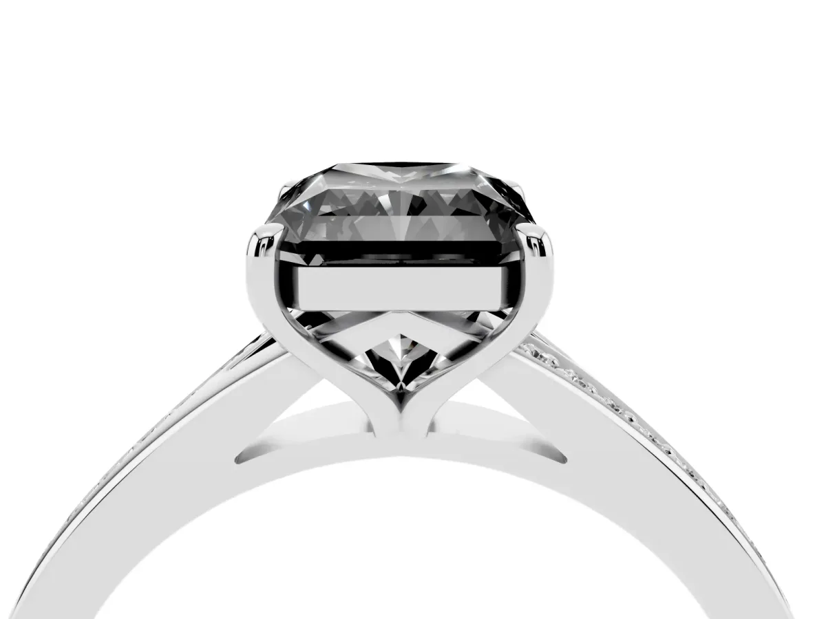 Fancy Black Radiant Cut Diamond Solitaire Ring with Pavé Band and Prong Setting Silver