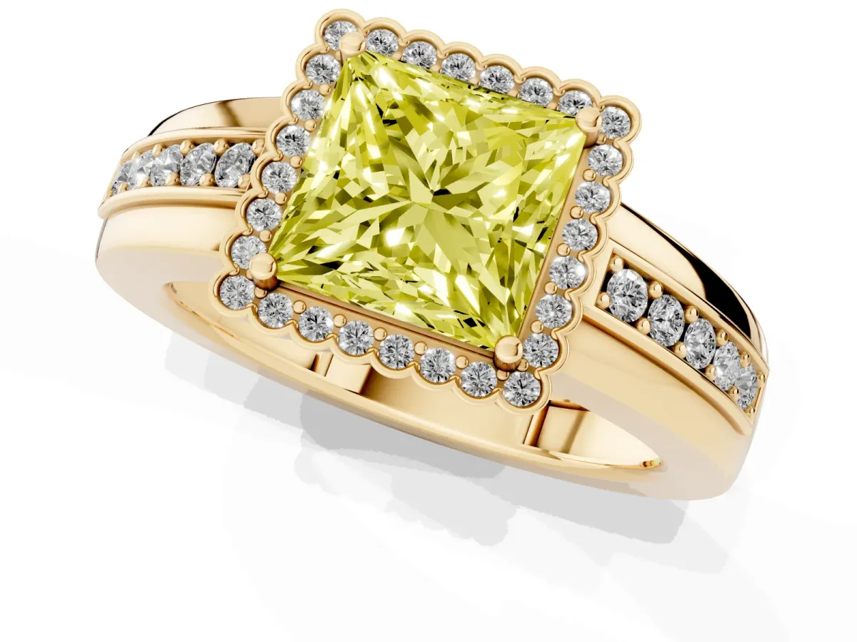 Fancy Yellow Princess Cut Cut Halo Pave Band Four-Prong Ring Yellow gold