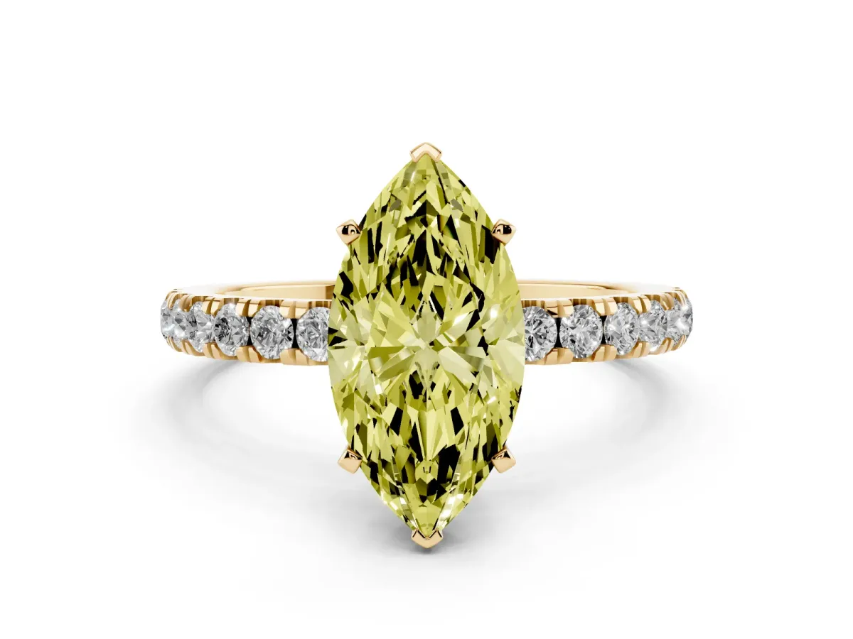 Fancy Yellow Marquise Cut Diamond Solitaire Ring with Pavé Accents and Four-Prong Setting Yellow gold