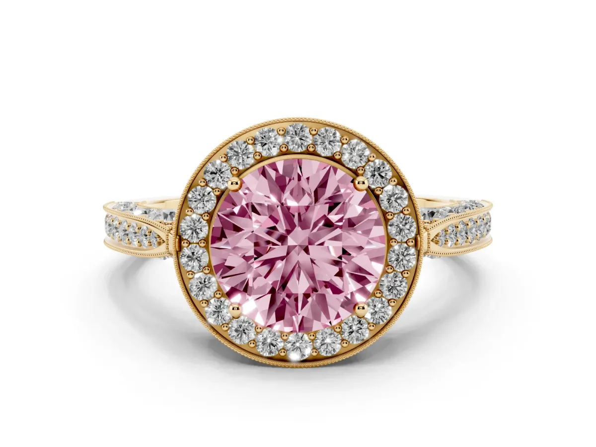 Fancy Pink Round Cut Halo Diamond Engagement Ring with Split Shank Band and Four-Prong Setting Yellow gold