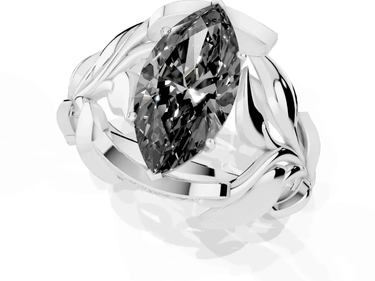 Fancy Black Marquise Cut Diamond Leaf-Inspired Engagement Ring with Round Accents and Prong Setting Silver