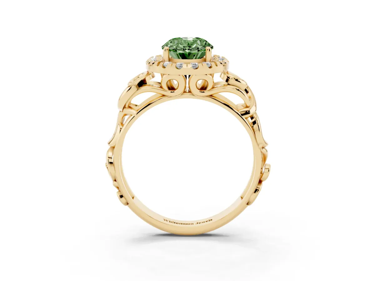 Fancy Green Oval Cut Cut Halo Diamond Ring with Scrollwork Band and Four-Prong Setting Yellow gold