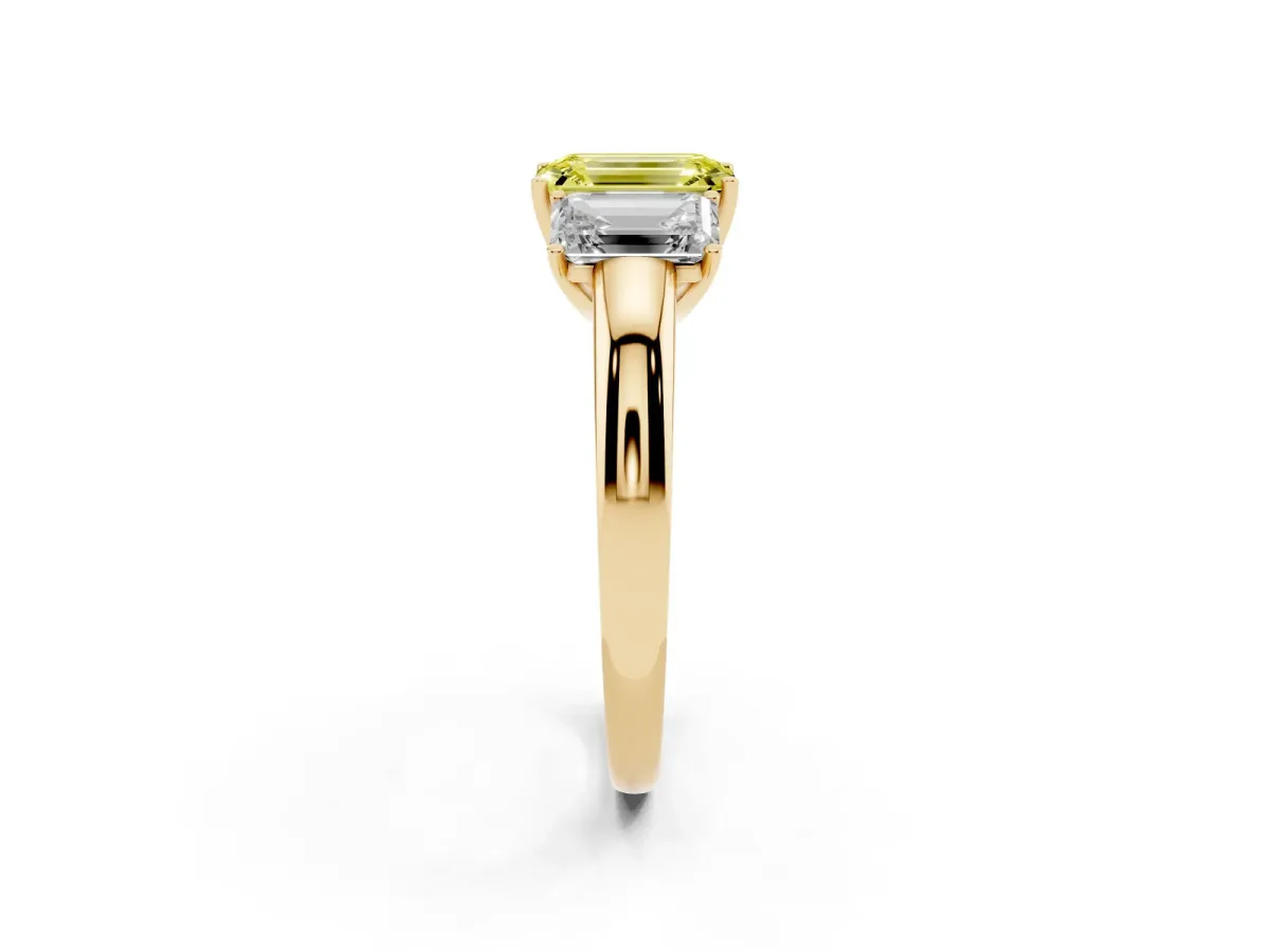 Fancy Yellow Emerald Cut Diamond Three-Stone Ring with Four-Prong Setting and Classic Band Yellow gold