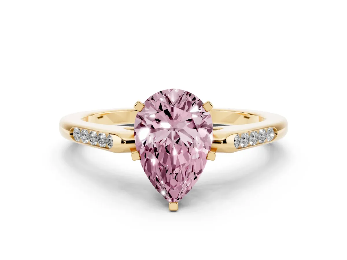 Fancy Pink Pear Cut Diamond Solitaire Ring with Channel Set Round Band and Prong Setting Yellow gold