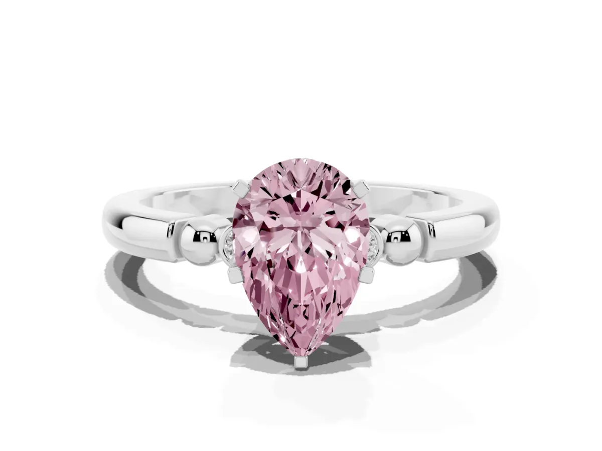 Fancy Pink Pear Cut Solitaire Beaded Band with Four-Prong Setting Silver