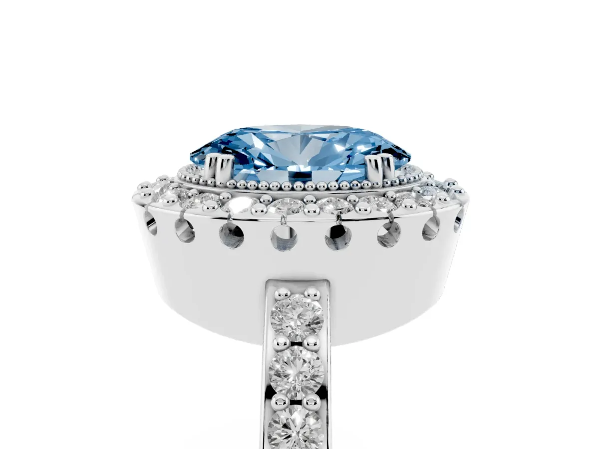 Fancy Blue Oval Cut Diamond Halo Ring with Pavé Band and Prong Setting Silver