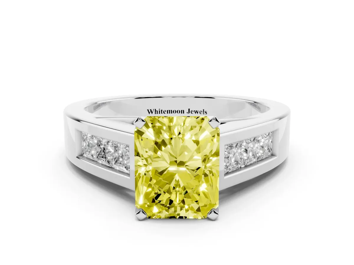 Fancy Yellow Radiant Cut Cut Channel Set Solitaire Ring with Four-Prong Setting White gold