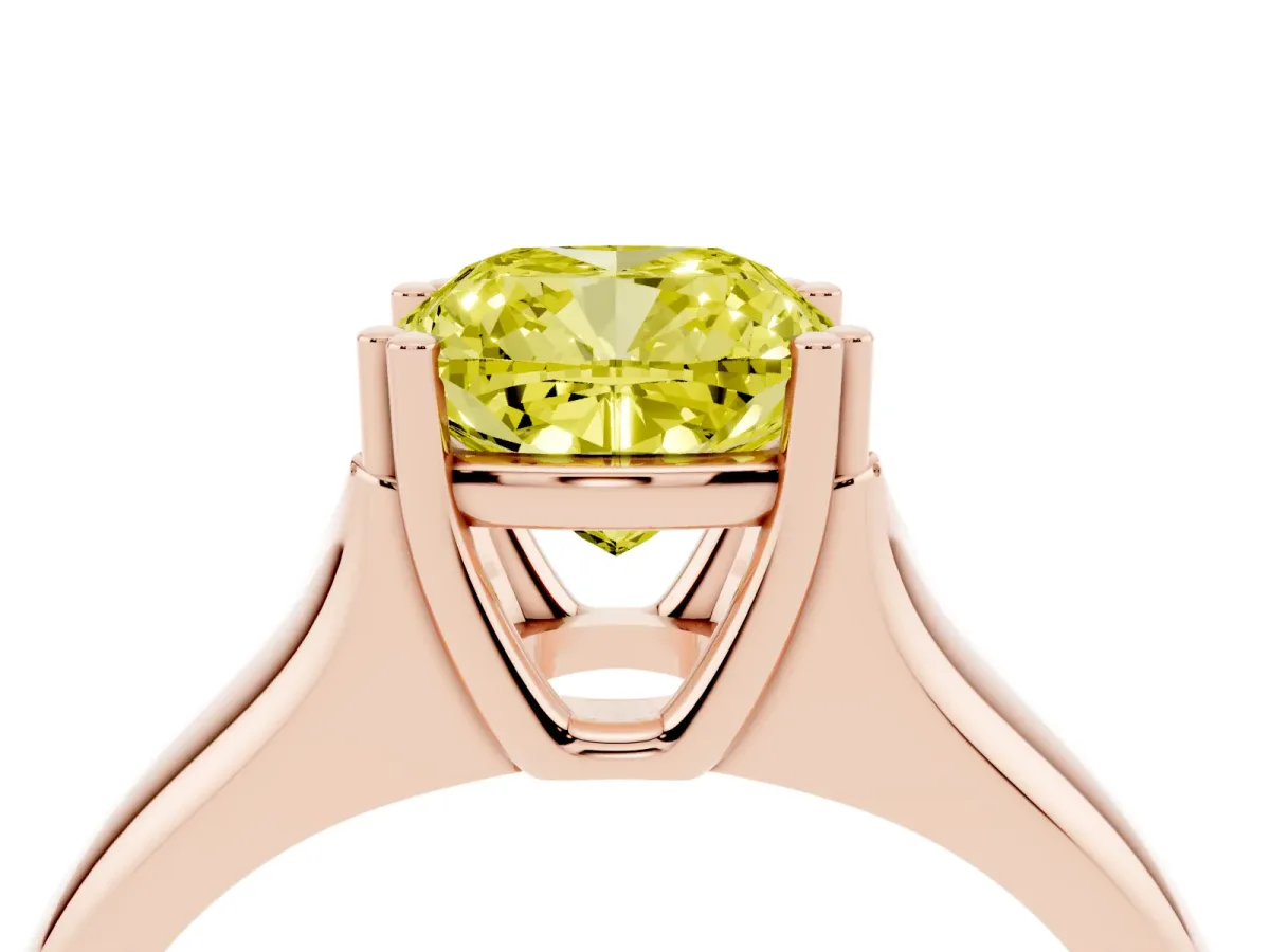 Fancy Yellow Cushion Cut Diamond Solitaire Ring with Wide Band and Prong Setting Rose gold