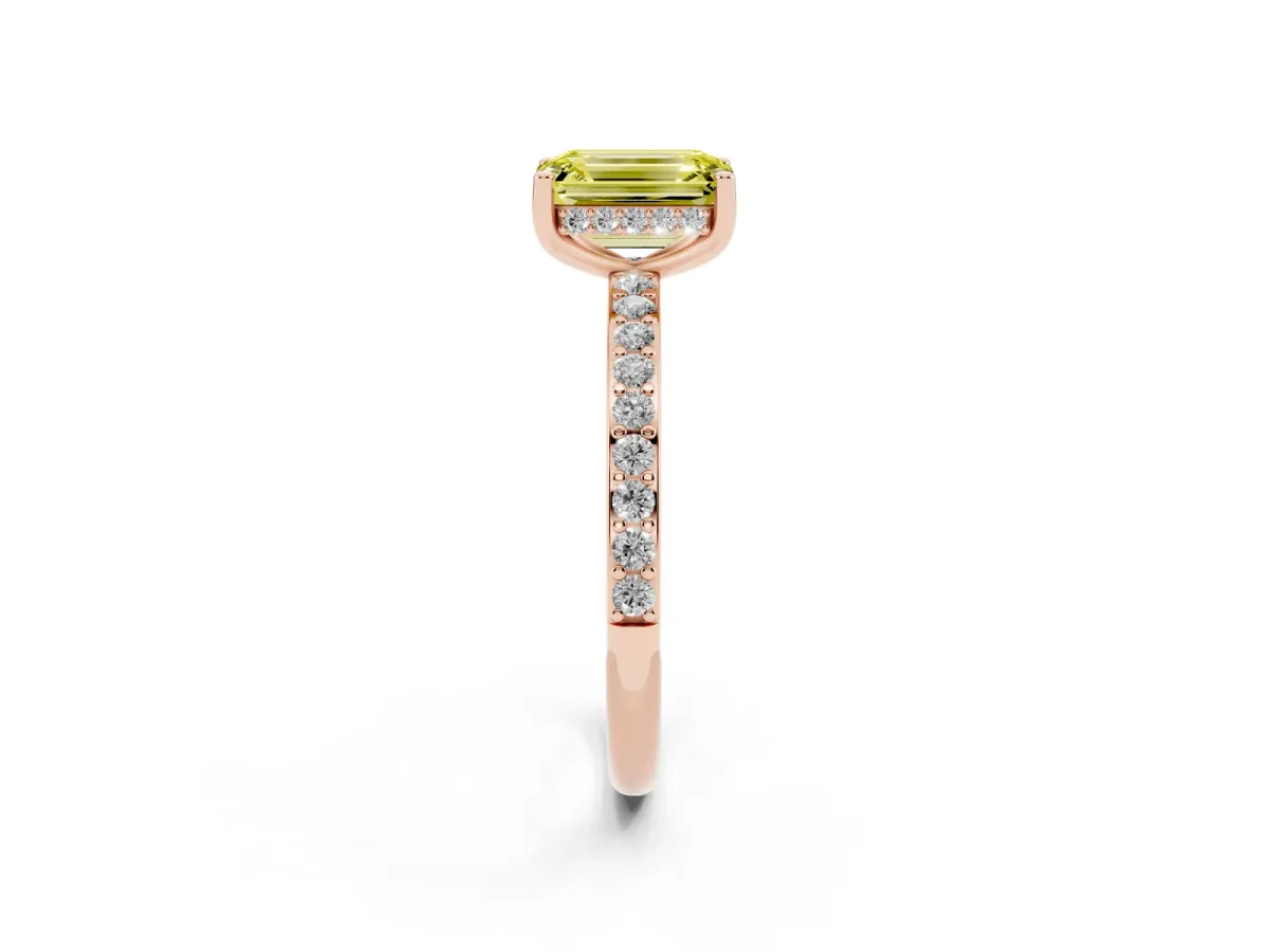 Fancy Yellow Emerald Cut Cut Diamond Pavé Band Ring with Four-Prong Setting Rose gold