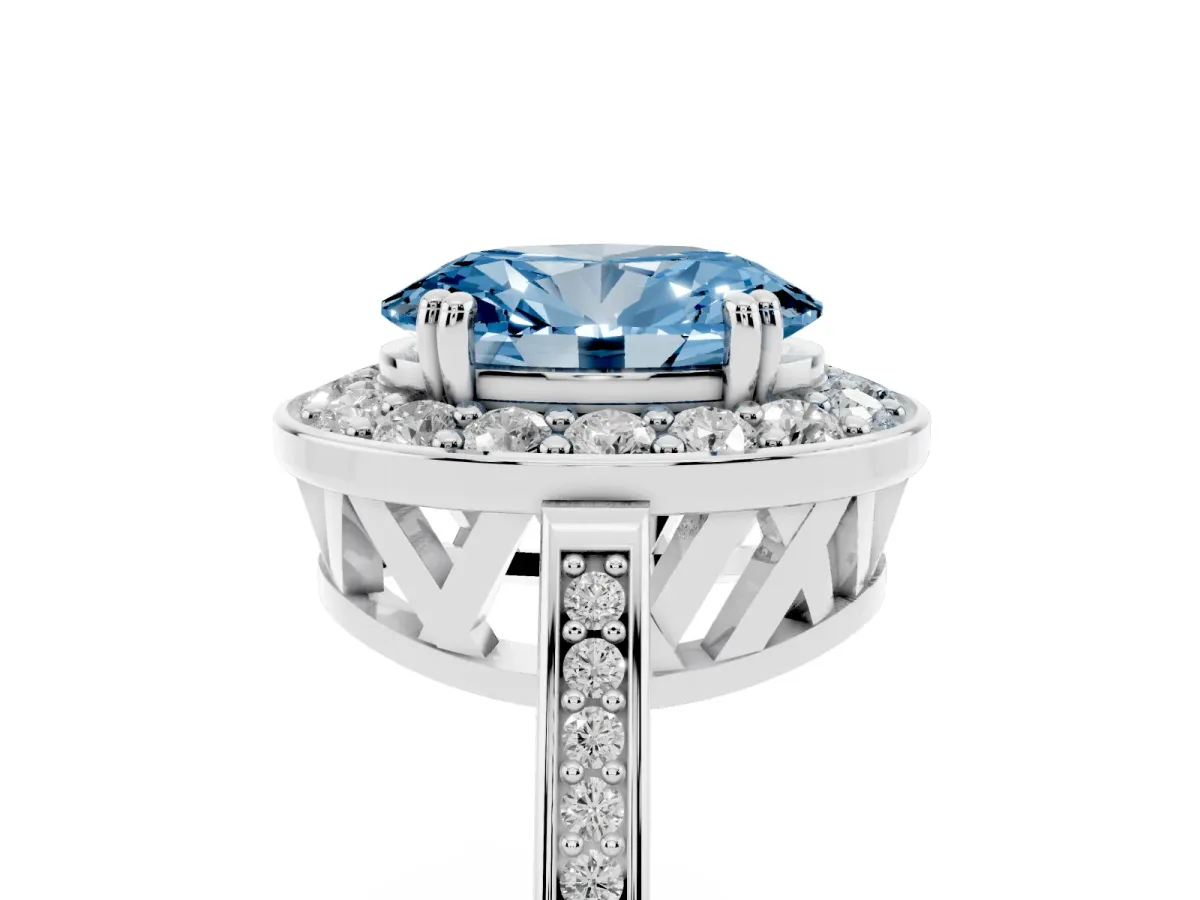 Fancy Blue Oval Cut Diamond Halo Ring with Split Shank and Four-Prong Setting White gold