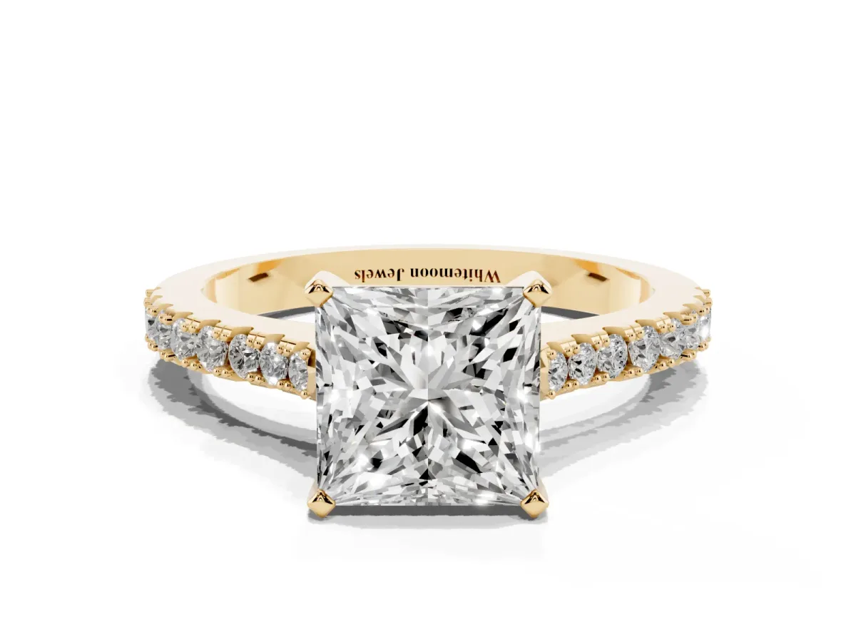 Princess Cut Cut Solitaire Diamond Engagement Ring with Pave Band and Four-Prong Setting Yellow gold