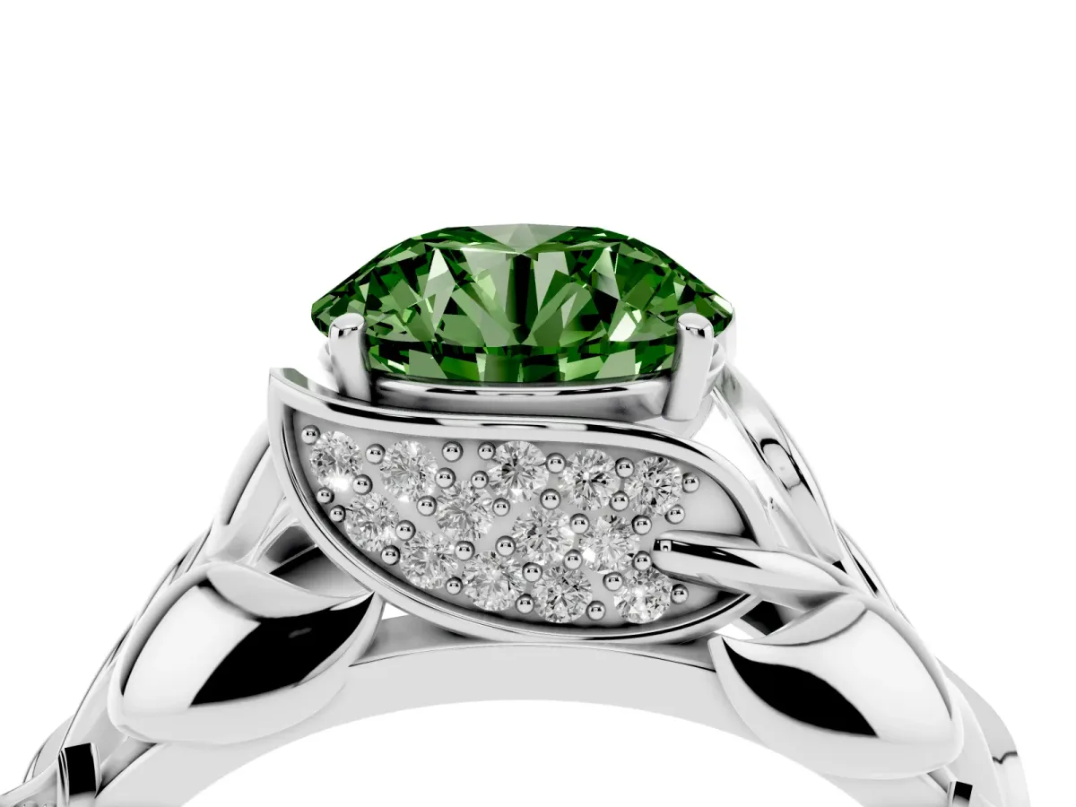 Fancy Green Round Cut Diamond Leaf-Inspired Engagement Ring with Round Accents and Prong Setting White gold