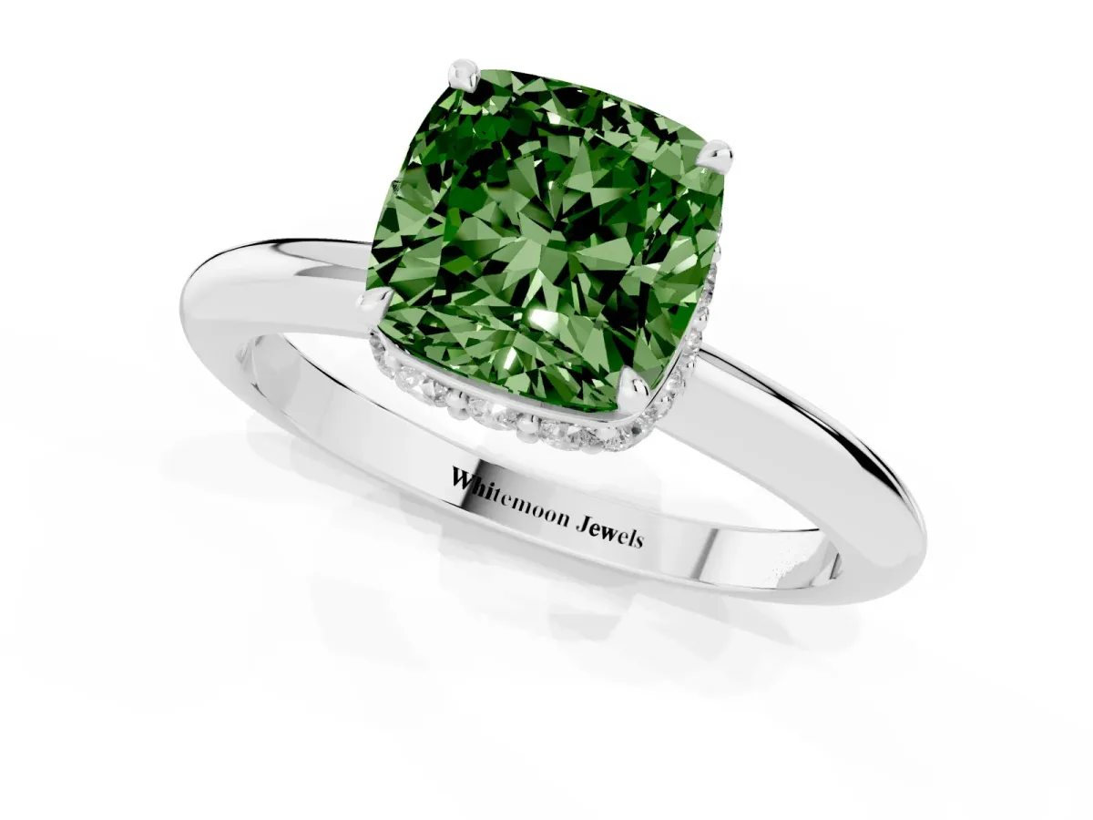 Fancy Green Cushion Cut Brilliant Solitaire Engagement Ring with Six-Prong Setting and Classic Band Silver