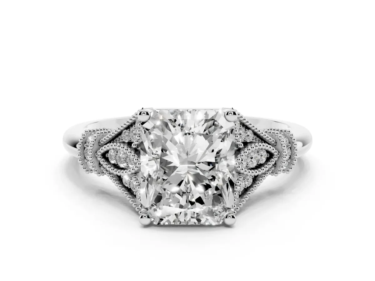 Radiant Cut Diamond Solitaire Ring with Floral Filigree and Pave Accents Platinum
