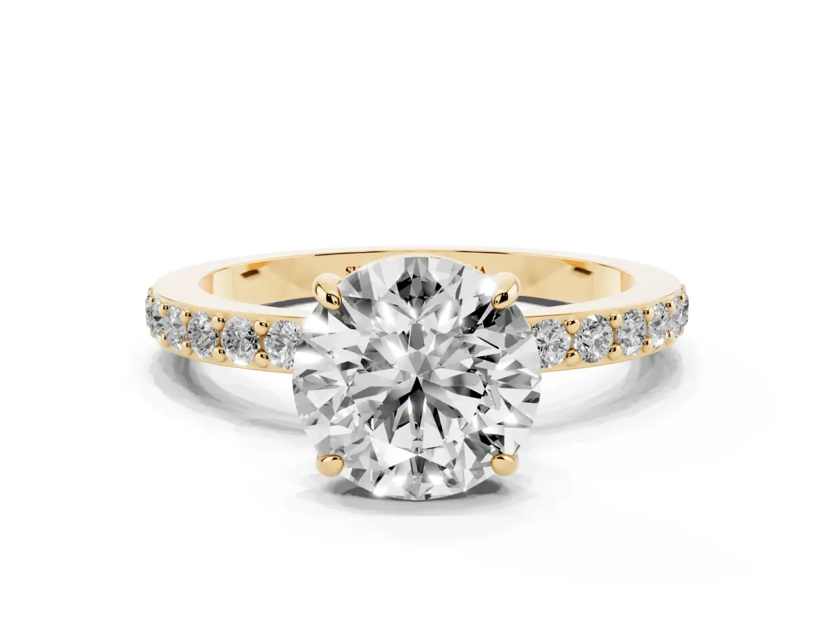 Round Cut Diamond Pavé Engagement Ring with Round Accents and Prong Setting Yellow gold