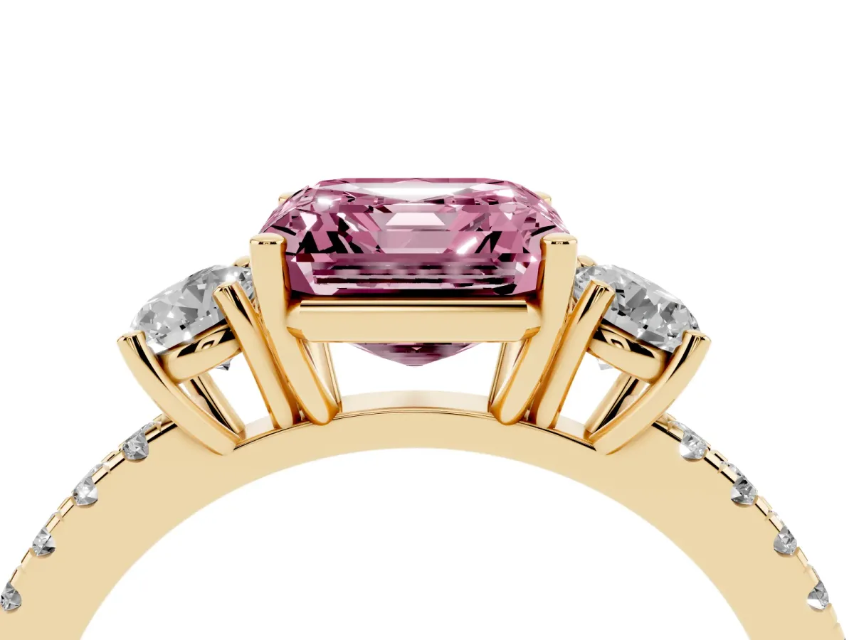 Fancy Pink Three-Stone Asscher Cut Cut Diamond Pavé Band with Prong Setting Yellow gold