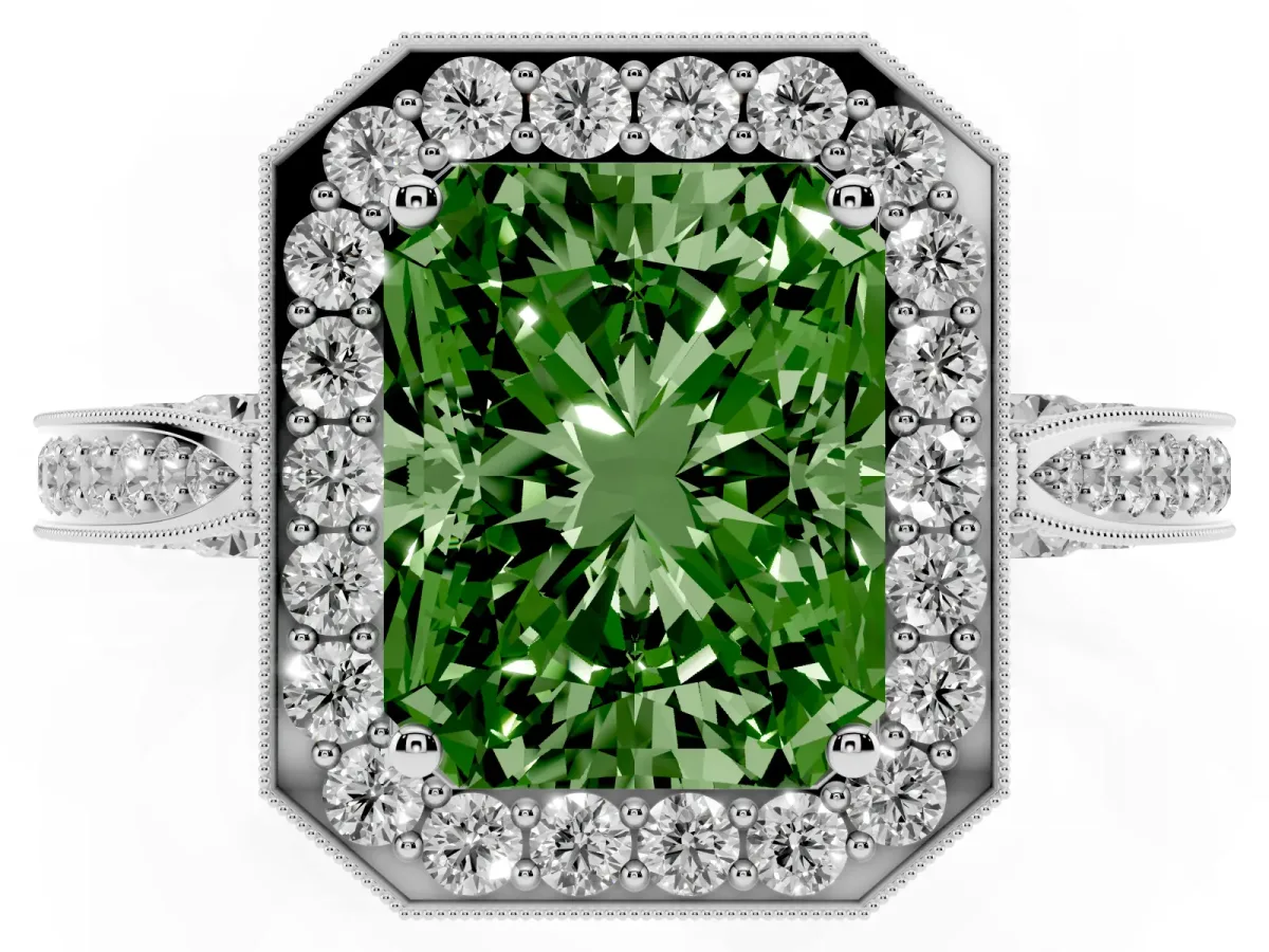 Fancy Green Radiant Cut Halo Diamond Engagement Ring with Split Shank Band and Four-Prong Setting Silver