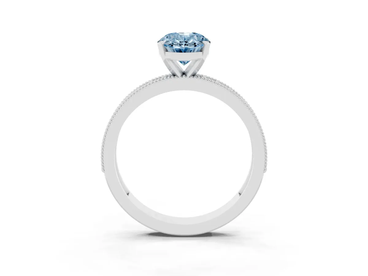 Fancy Blue Oval Cut Diamond Milgrain Pavé Engagement Ring with Four-Prong Setting Platinum